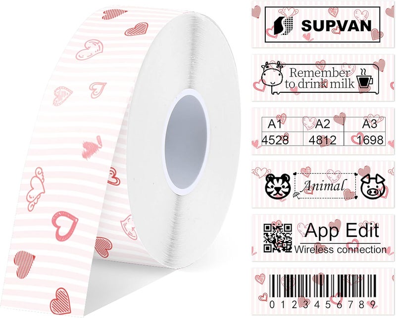 SUPVAN E10 & E11 Label Maker Tape, 0.59in × 19.7ft (15mm × 6m) Genuine Continuous Laminated Thermal Label Tape Refill, Waterproof Oilproof Child-Safe Durable Auto Detect Labels, Black on Heart - Image 1